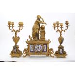 Impressive mid-19th Century French gilt metal and porcelain clock garniture comprising mantel clock