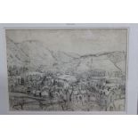 Attributed to Albert Goodwin (1845-1932) pencil study - town in a valley, initialled,