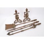 Victorian set of three brass fire irons with acanthus leaf decoration and pair of fire dogs (5)