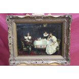 Manner of Frank Moss Bennett, oil on canvas - interior scene with three figures at a table,