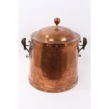 Arts and Crafts lidded beaten copper container, removable domed cover with ball finial,