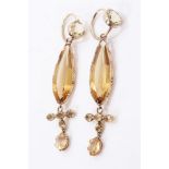 Fine pair of Georgian gold mounted citrine and yellow topaz pendant earrings,