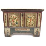 18th century Continental polychrome painted pine dowry chest with hinged lid and panelled front,