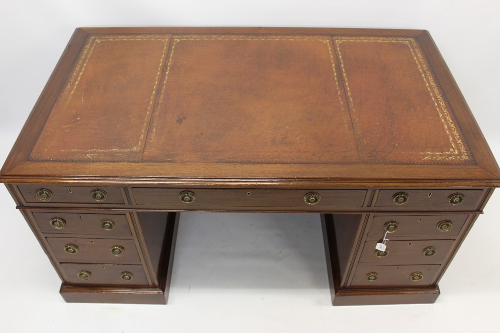 Late 19th / early 20th century mahogany pedestal desk with tooled red leather inset top and nine - Image 2 of 4