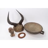 African tribal carved wood and polychrome painted bowl with incised ornament and flanking angular