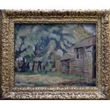 Kenneth Rowntree (1915 - 1997), oil on canvas - Farm Buildings, indistinctly inscribed verso,