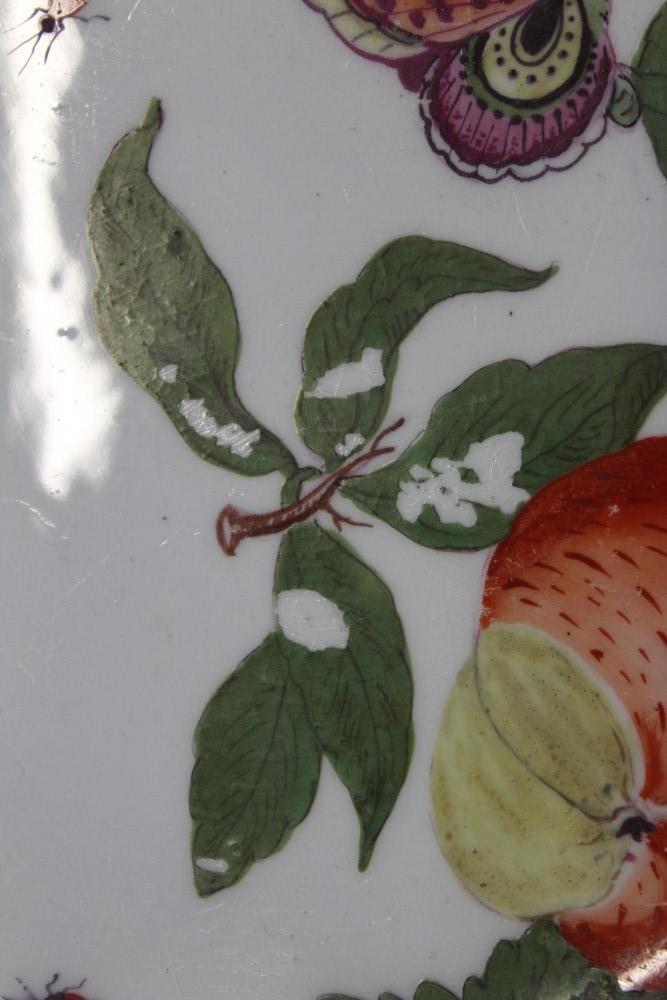 Pair of mid-18th century Chelsea silver-shape meat plates with polychrome painted fruit and insect - Image 8 of 11