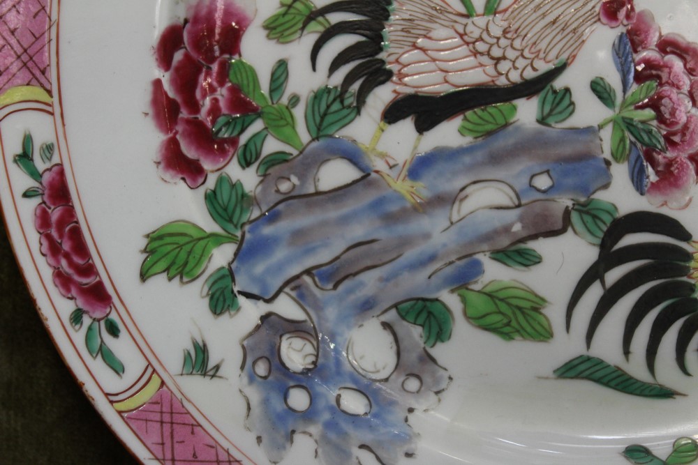 Mid-18th century Chinese export famille rose porcelain plate painted with cockerels on rock with - Image 4 of 13