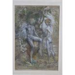Manner of Henry Scott Tuke, mixed media on paper - two naked figures in a garden, in glazed frame,