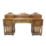 Fine George IV mahogany and ebony line-inlaid breakfront pedestal sideboard in the manner of Gillow,