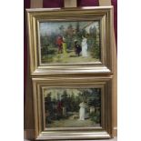 Pair of nineteenth century English school oils on panel - Elizabethan figures in garden settings,
