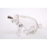 Novelty clear glass decanter in the form of a seated pig, with silver mounted stopper,