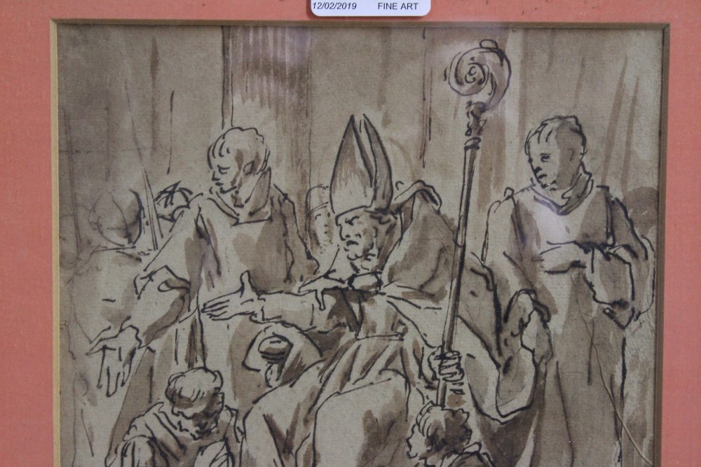 Eighteenth century French Old Master-style pen, ink and wash drawing - a Bishop and attendants, - Image 2 of 3