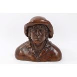 Modern filled bronze sculpture bust of a man with forward gaze, wearing a hat,
