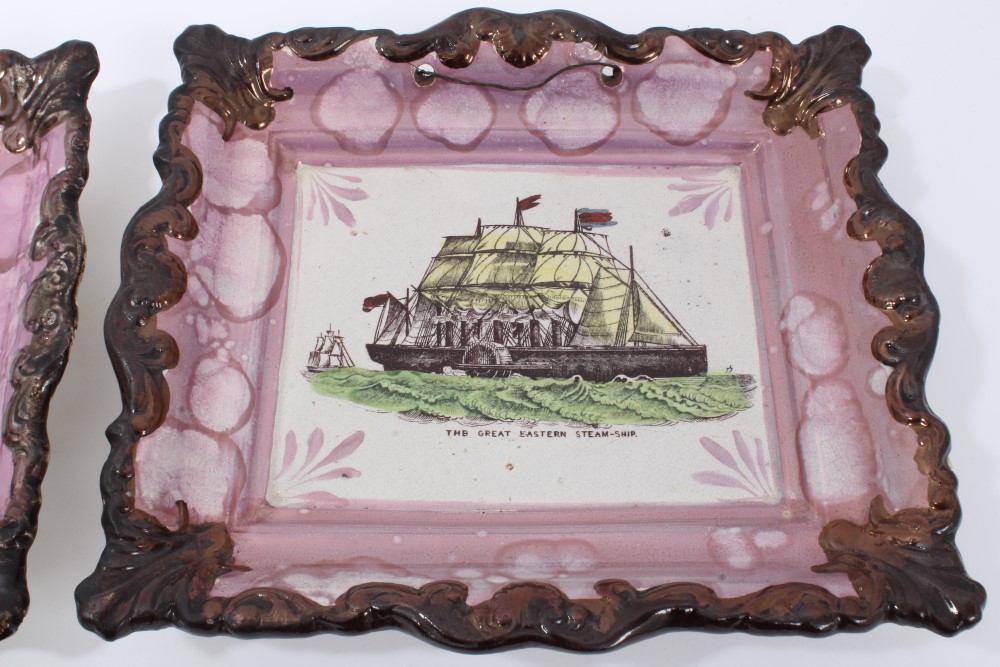 Pair Victorian pink and copper lustre plaques decorated in colours with 'The Great Eastern Steam - Image 3 of 5