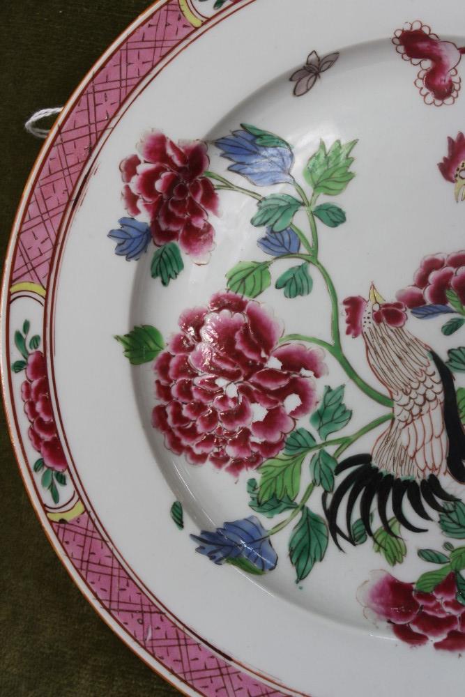 Mid-18th century Chinese export famille rose porcelain plate painted with cockerels on rock with - Image 2 of 13