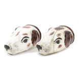 Pair late 18th / early 19th century Staffordshire pottery hound head stirrup cups with brown
