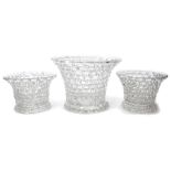 Rare garniture of three late 18th century Liege 'a traforato' (spun) glass openwork baskets of