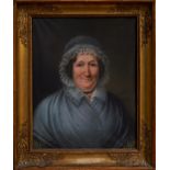 Eighteenth century English school pastel - portrait of a lady in bonnet and blue shawl,