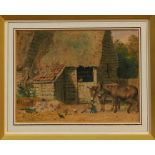 Robert Hills (1769-1844) watercolour - donkeys and chickens before a thatched barn,