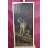 After Landseer, early twentieth century oil on canvas - a foxhound in a kennel, framed,