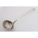 George III silver Old English pattern soup ladle with shell bowl and two sets of engraved initials