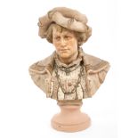 Late 19th century Austrian coloured terracotta bust of a Renaissance period gentleman wearing a hat