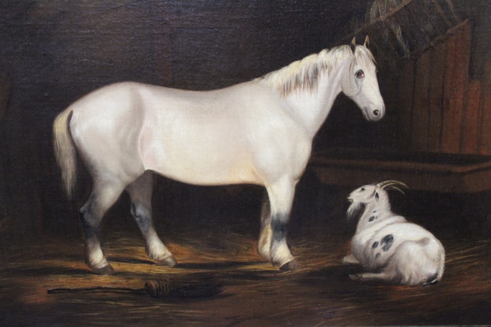 Nineteenth century English school oil on canvas - stable interior with a grey horse and goat, - Image 2 of 4