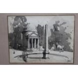 Mid-twentieth century English school pen, ink and monochrome wash - a temple and obelisk,