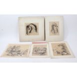 Collection of unframed works, mostly nineteenth century to include pencil drawings by F.