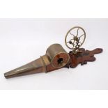 Set of 19th century mahogany and brass mechanised bellows wheel-driven mechanism on shaped wooden
