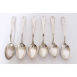 Four Edwardian silver Old English pattern teaspoons with bright cut decoration and engraved