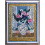 Manner of Dora Carrington (1893-1932) reverse mixed media on glass - still life of flowers in a jug,