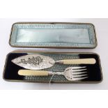 Pair Victorian silver plated fish servers with pierced and engraved foliate decoration,