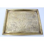 Early 20th century Keswick School of Industrial Art embossed brass tray of rectangular dished form,