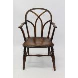 Rare early 19th century Buckinghamshire ash and fruitwood Windsor armchair with Gothic tracery back