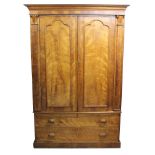 Large 19th century satin-birch linen press with cavetto cornice and hanging space enclosed by pair