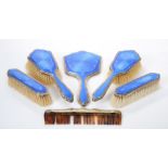 1920s six piece silver and blue guilloche enamel dressing table set - comprising two pairs of