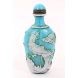 Chinese Peking cameo glass snuff bottle with hoho bird and dragon chasing pearl decoration on blue
