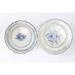 Late 18th century pearlware silver shape charger with floral decoration, 36cm and another similar,