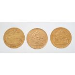 Three gold half sovereigns, 1896,