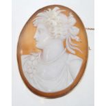 Antique Italian carved shell cameo brooch depicting a classical female bust,