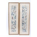 Pair of early 20th century Chinese embroidered silk sleeve panels with figures and pagodas in
