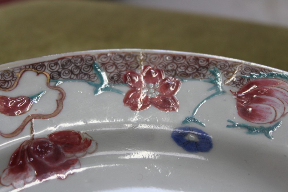 Mid-18th century Chinese export famille rose porcelain plate painted with cockerels on rock with - Image 10 of 13