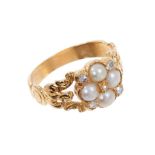 Regency seed pearl and diamond flower-head cluster ring with gold acanthus leaf shoulders.