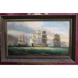 James Hardy twentieth century oil on canvas - a sea battle, signed, in gilt frame,
