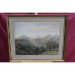 Victorian English school watercolour - extensive landscape with two figures looking across to