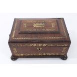Regency brass inlaid rosewood inlaid workbox with blue silk lining and fitted tray with sewing
