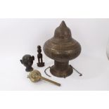 19th Century Indian brass head 15cm high, together with Indian carved wood figure,