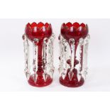 Pair Mid-19th Century ruby glass lustres with castellated tops,
